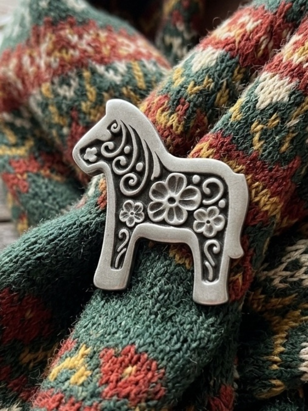 Vintage Rune Tennesmed Sweden Pewter Dala Horse Brooch Pin Folk Art